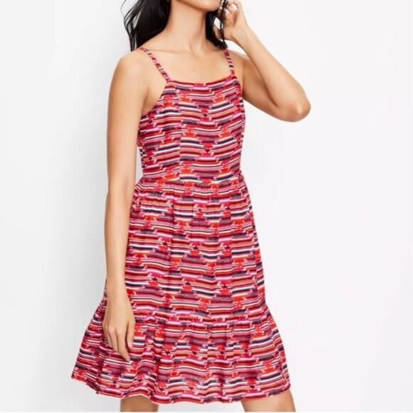 Loft- Ikat Vibrant Aztec Boho Beachy Southwestern Multicolor Ruffle Dress- 6 - Picture 1 of 11